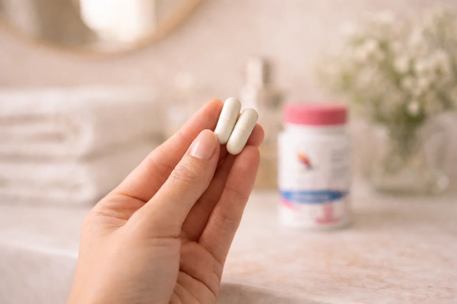 Hand hält zwei Her Biotic Kapseln