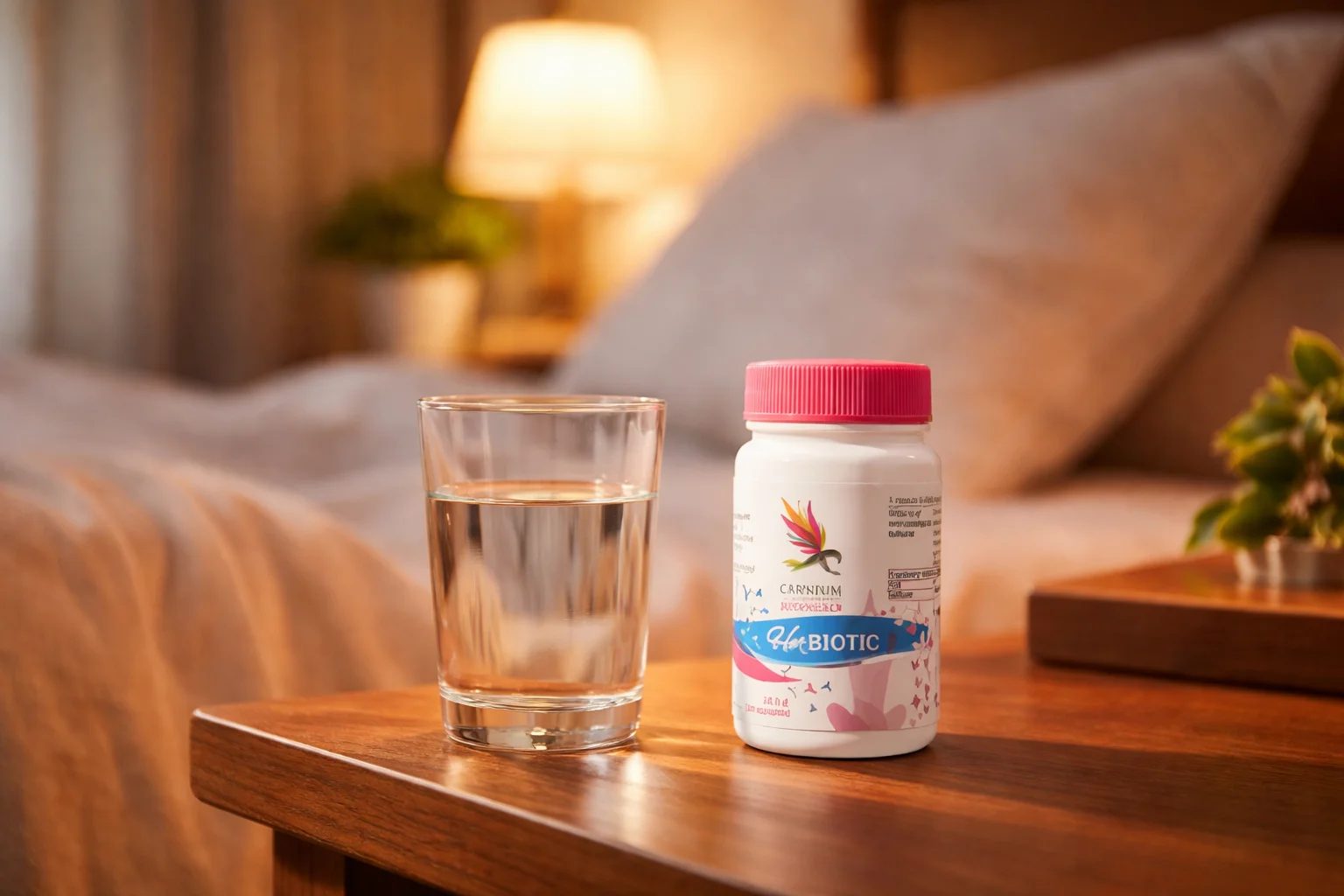 Her Biotic auf dem Nachttisch neben einem Glas Wasser